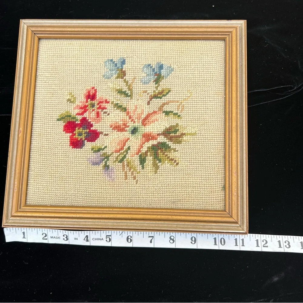 Hand Crafted Floral Cross-Stitch Tapestry in Cream, Red, Blue, Green